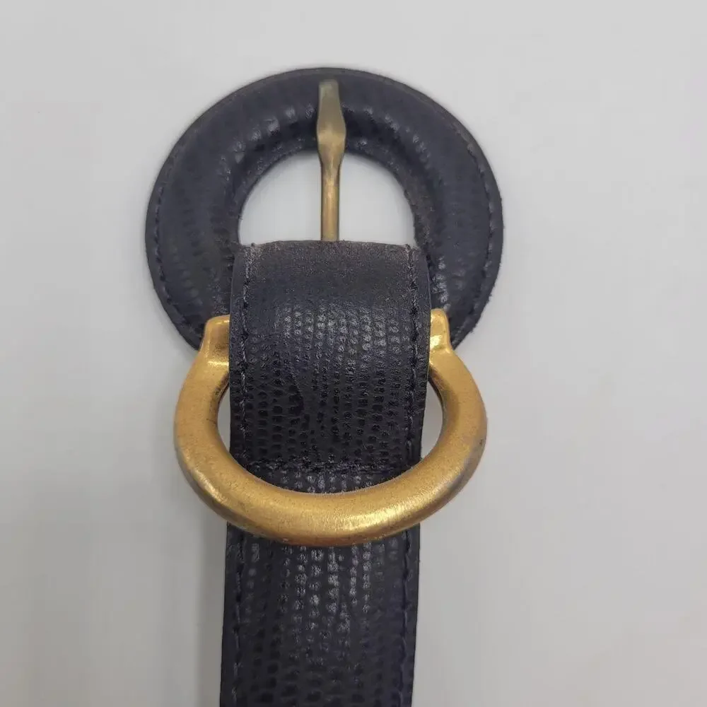 VTG Leather Shop Belt Lg Black Leather Lizard Embossed Round Buckle 80s Retro